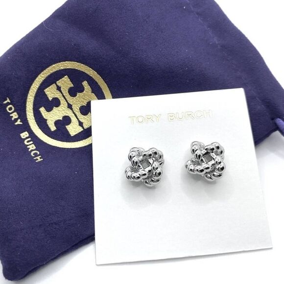 NWOT Tory Burch Silver Logo knot Stud Earrings - Picture 7 of 8